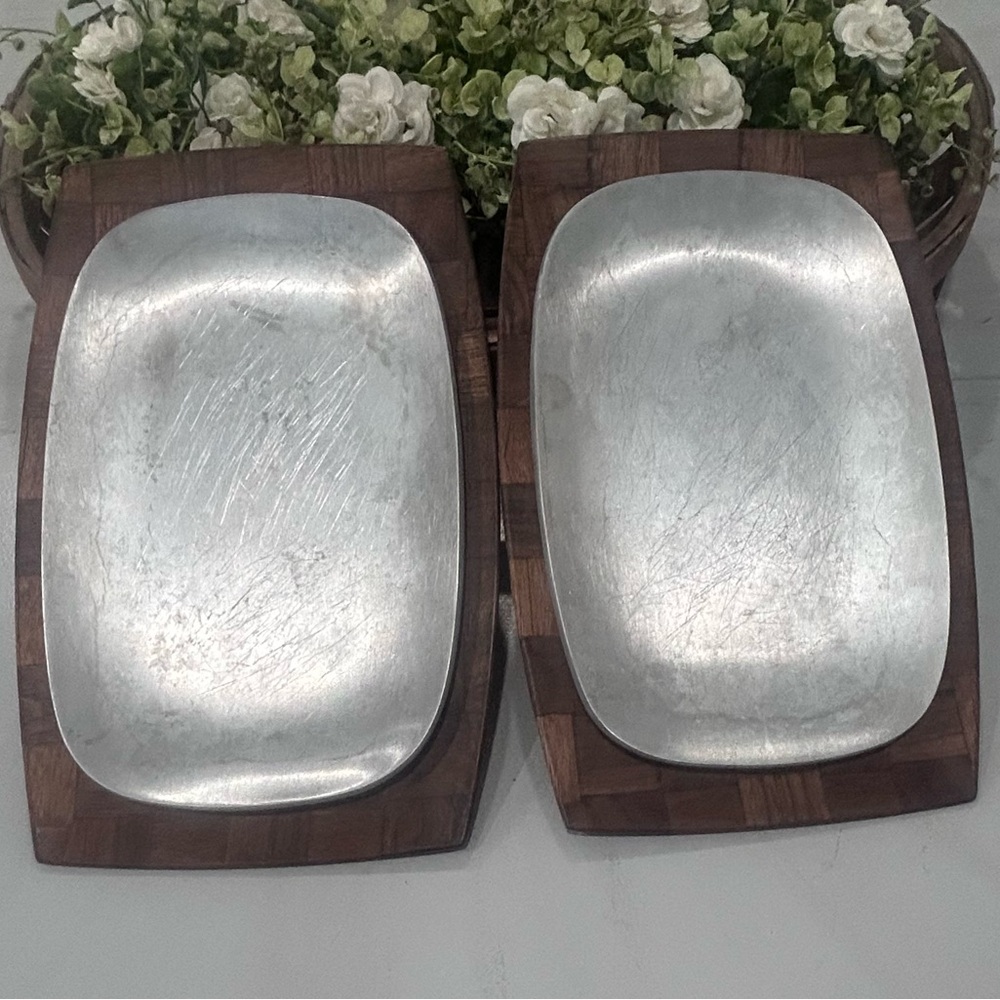 Silver Metal Serving Trays with Wood Bases - Set of 2
